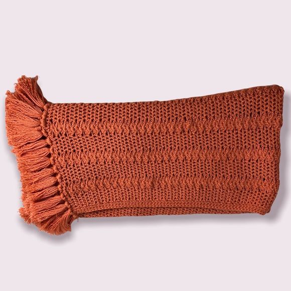 Crochet Afghan Blanket Throw Hand Crafted Salmon Pink Orange Fringe 45 x 39 - Picture 10 of 11